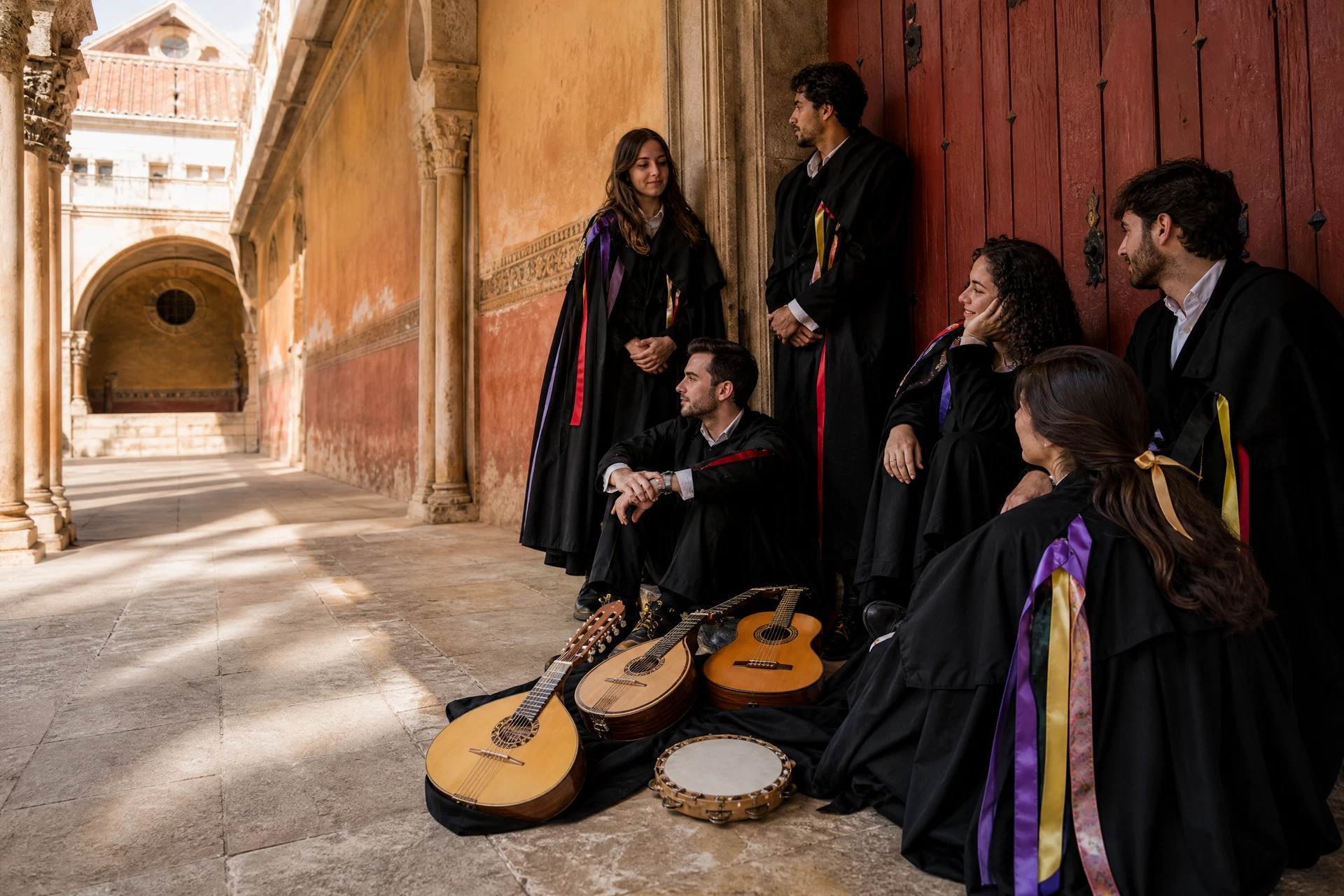 Músicos universitarios con instrumentos en un claustro