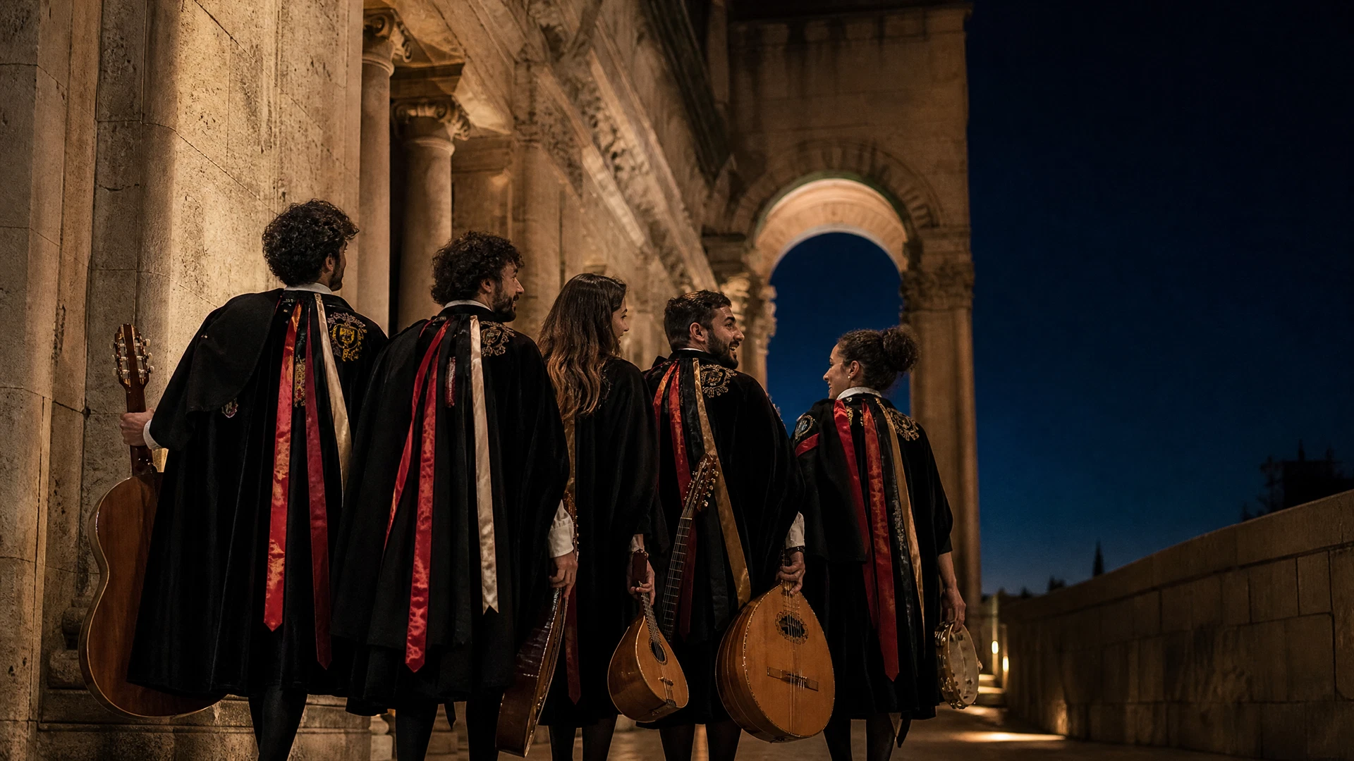 Músicos de tuna caminando en un patio universitario al anochecer